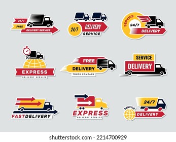 Delivery Badges. Trucks Cars Different Vehicles For Delivery Services Recent Vector Emblem With Place For Text