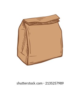 Delivery bag brown hand drawn sketch. Paper Bag for Grocery Shopping. Packaging for breakfast. Vector illustration.