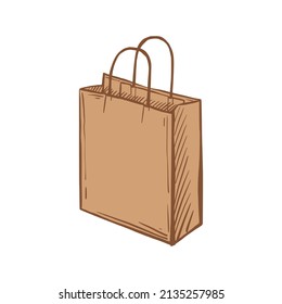 Delivery bag hand drawn sketch on a white isolated background. Brown Paper bag with handles. Food delivery. Vector illustration.