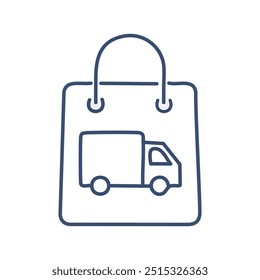 Delivery bag icon. Simple line icon depicting a shopping bag with a delivery truck inside, representing online shopping and quick delivery.
