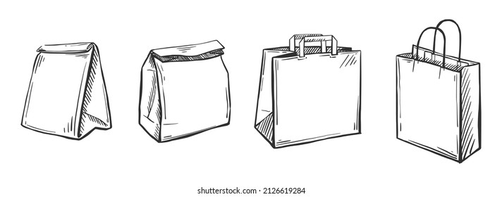 Esbozo de bolsa de entrega sobre un fondo blanco aislado. Bolsa de papel para compras de comestibles. Paquete de almuerzo. Ilustración dibujada a mano por vectores.