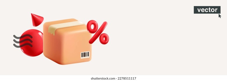 Delivery banner with cardboard box, sphere, cone, and percentage sign. Realistic 3D square shape paper package. Vector illustration. Perfect template for shipping, transportation, online shopping.