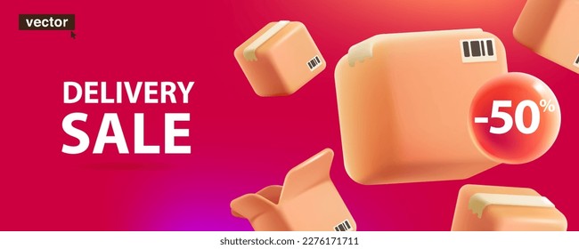 Delivery banner with floating cardboard boxes and percentage sign. Realistic 3D square shape paper package. Vector illustration. Perfect template for shipping, transportation, online shopping.