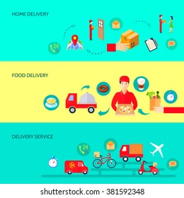 Delivery banner set with truck bike moto and aircraft food goods parcel and courier vector illustration   