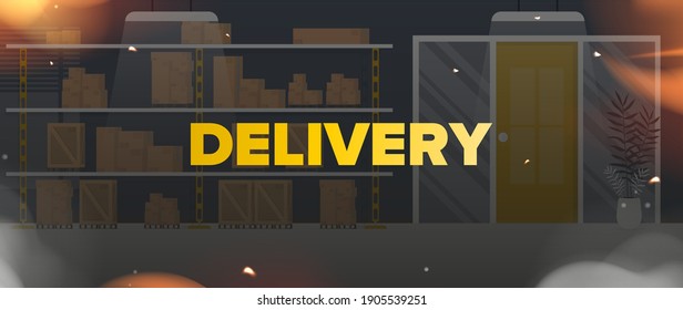 Delivery banner. Warehouse with racks and boxes. Large warehouse. Cartoon style. Vector illustration.