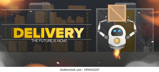Cartel de entrega. Un robot blanco volador sostiene una caja. Almacén con racks y cajas. Gran almacén. Estilo de caricatura. Vector 