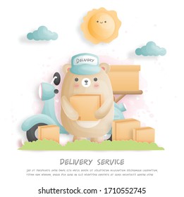 Delivery bear carrying package deliver to town with scooter. paper cut style. Vector illustration. 