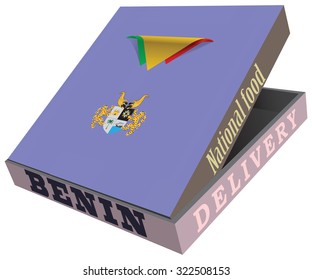 Delivery of the Benin national food in a box with national flag of the country. Vector illustration.