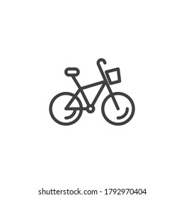 Icono de la línea de bicicleta de entrega. signo de estilo lineal para concepto móvil y diseño web. Bicicleta con icono vectorial de contorno de canasta. Símbolo, ilustración del logotipo. Gráficos vectoriales