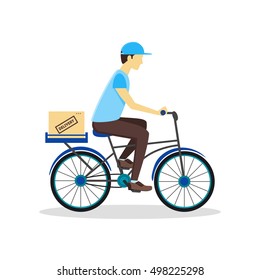 Delivery Bicycle Man with Carton Box. Logistics Service Flat Design Style. Vector illustration of Young Male Cyclist Courier With Delivery box. Concept of Bike Cyclist Courier 