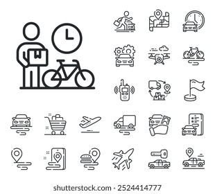 Sinal de bicicleta de entrega. Ícones da estrutura de tópicos Plano, cadeia de suprimentos e local. Ícone de linha de transporte de bicicleta. Símbolo de transporte urbano rápido. Sinal de linha de mensageiro de bicicleta. Transporte de táxi, alugar um ícone de bicicleta. Vetor