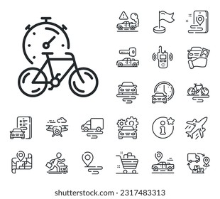 Delivery bicycle transport sign. Plane, supply chain and place location outline icons. Bike timer line icon. Outdoor transportation symbol. Bike timer line sign. Vector