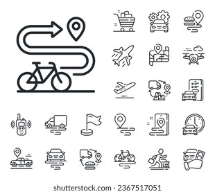 Delivery bicycle transport sign. Plane, supply chain and place location outline icons. Bike path line icon. Sport activity symbol. Bike path line sign. Taxi transport, rent a bike icon. Vector