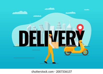 Delivery in big city banner. Courier and loader brought cargo goods package box on motor scooter. Fast moped shipping order service design concept with GPS location pin. Logistics vector illustration