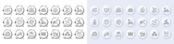 Delivery Bike, Dumbbell And Boat Line Icons. White Pin 3d Buttons, Chat Bubbles Icons. Pack Of Success, Arena Stadium, Strong Arm Icon. Bicycle Parking, Boat Fishing, Yoga Pictogram. Vector
