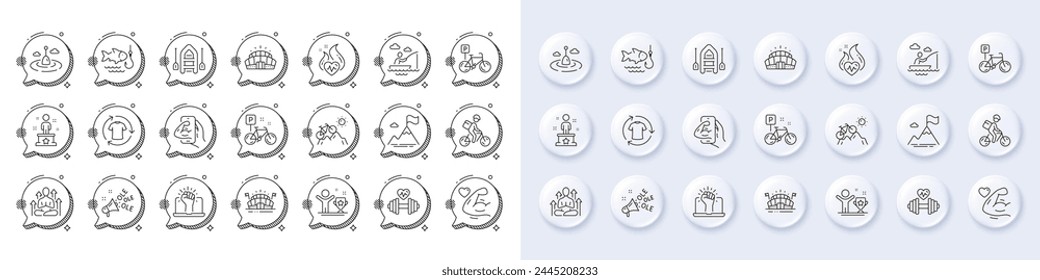 Delivery bike, Dumbbell and Boat line icons. White pin 3d buttons, chat bubbles icons. Pack of Success, Arena stadium, Strong arm icon. Bicycle parking, Boat fishing, Yoga pictogram. Vector