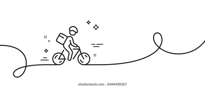 Delivery bike line icon. Continuous one line with curl. Bicycle courier sign. City transport symbol. Delivery bike single outline ribbon. Loop curve pattern. Vector