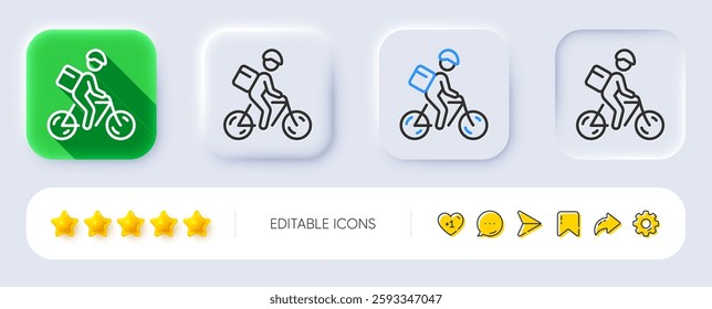 Delivery bike line icon. Neumorphic, Flat shadow, 3d buttons. Bicycle courier sign. City transport symbol. Line delivery bike icon. Social media icons. Vector