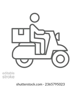 Icono de línea de bicicleta de entrega. Motocicleta masculina de envío. Servicio postal terrestre Express por scooter, Seguimiento del estado del procesamiento de seguimiento. Ilustración del vector de trazo editable Diseño del fondo blanco EPS 10