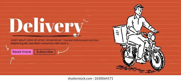 Delivery bike motorcycle man sketch scribble banner ink quirky trendy. Fast food courier on scooter in handdrawn cartoon style.