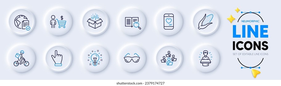 Delivery bike, Teamwork and Click hand line icons for web app. Pack of Idea, Buyer, Search text pictogram icons. Brand ambassador, Online voting, Corn signs. Love chat, Open box, Eyeglasses. Vector