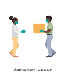 Delivery black man full side view,  uniform face medical mask gloves hold empty cardboard box. Service coronavirus. Online shopping
