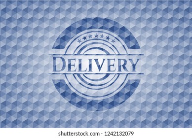 Delivery blue badge with geometric pattern background.