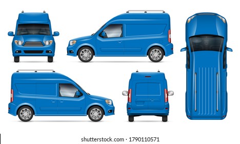 Delivery Blue Van Vector Mockup For Vehicle Branding, Advertising, Corporate Identity. Isolated Template Of Realistic Minivan On White Background. All Elements In The Groups On Separate Layers