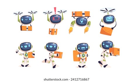 Delivery bot. Deliver drone mascot, speed robot character futuristic postman cyborg machine ai digital technology, cargo job cartoon work robots gestures classy vector illustration of delivery service
