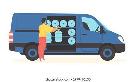 Delivery bottled water. Male character unloads plastic containes from car. Professional servicing offices and homes with fresh drinking liquid. Mineral aqua shipping. Vector flat illustration