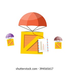 Delivery box. Air mail parachute. Air mail parachute sky, transportation delivery, shipping package delivery, cargo service, moving delivery parcel vector illustration. Box descends on parachute