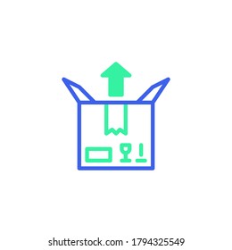 Delivery box and arrow up icon vector, filled flat sign, parcel box send bicolor pictogram, green and blue colors. Outbox symbol, logo illustration
