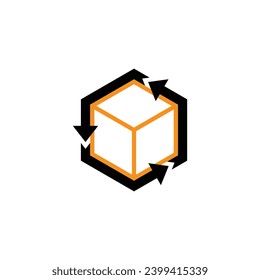 Logo der Lieferbox-Pfeilzeichen. Logistischer Würfel. Transportieren von Hexagon. Ablieferungsarmkasten. Vektor Package Way Logotype