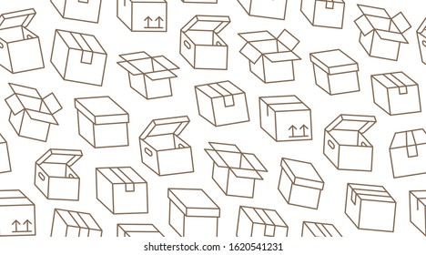 Delivery box background, cargo package seamless pattern. Various open and closed cardboard boxes, parcel flat line icons. Warehouse, storage vector illustration brown white color.