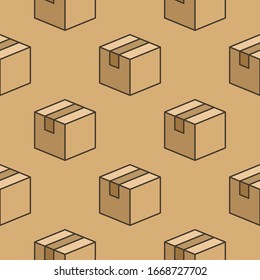 Delivery box background, cargo package seamless pattern. Various open and closed cardboard boxes, parcel flat line icons. Warehouse, storage vector illustration brown color.
