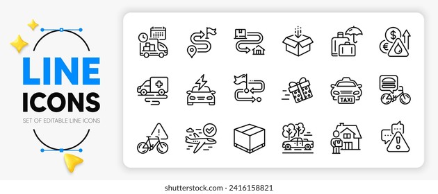 Caja de entrega, atención en bicicleta e iconos de la línea de carga del coche para la aplicación incluyen Recogida, Ruta de viaje, Icono delgado del contorno del taxi. Vuelo confirmado, Entrega, Icono de pictograma de transporte de ambulancia. Vector