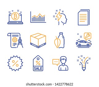 Delivery box, Copy files and Discount icons simple set. Car service, Brainstorming and Divider document signs. Sale coupon, Bitcoin and Water bottle symbols. Line delivery box icon. Colorful set