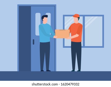 delivery box courier in front of door home with two male 