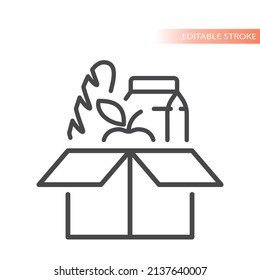 Delivery box with food outlined icon. Groceries open package vector symbol.