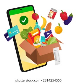 Lieferbox voll mit Lebensmitteln, die aus einem Smartphone-Bildschirm herausspringen: Einkaufskonzept für Online-Lebensmittel