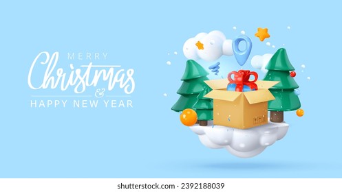 Delivery of a box with a gift. Location. New Year's composition on a snowy island podium, stand with Christmas trees. In 3D style. Vector illustration