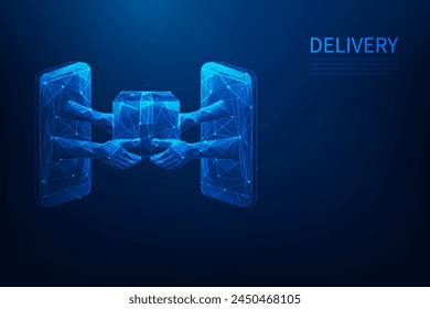 delivery box in hand on smartphone low poly wireframe. online shopping with parcel delivery. vector illustration fantastic design on blue dark background.