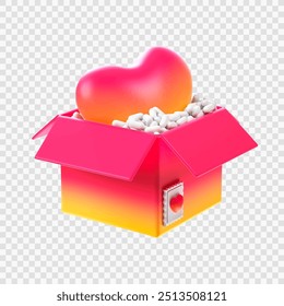 delivery box with a heart inside and pink color 3d style isolated vector special for love themes and valentine's day