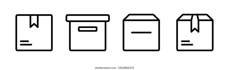 Icono de cuadro de entrega en línea. Conjunto de iconos del cuadro de paquete. Símbolo de cartón. Icono de la caja de envío en línea. Colección de signos del paquete. Conjunto de contenedores de paquetes. Ilustración vectorial de acciones
