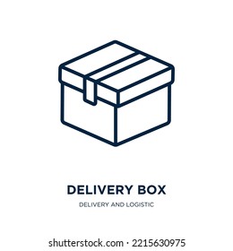 icono de la caja de entrega de la entrega y de la colección logística. Cuadro de entrega lineal delgado, paquete, icono de contorno de caja aislado en fondo blanco. Señal de caja de entrega de vector de línea, símbolo para web y móvil