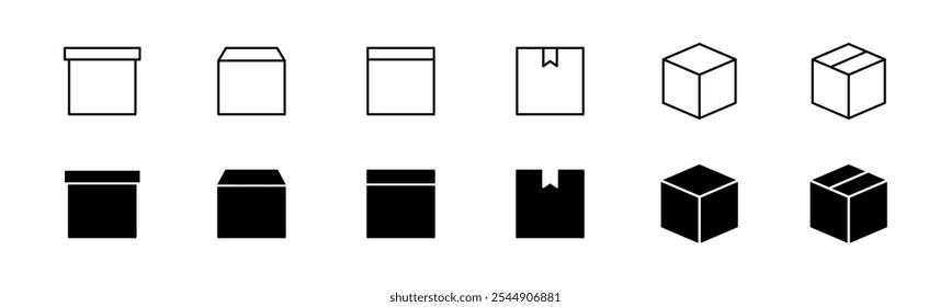 Delivery box icon set. Line and glyph cardboard vector. Carton package box