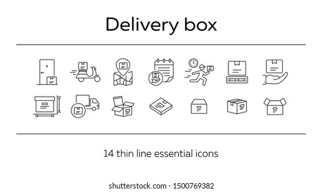 Delivery box icons. Set of line icons. Home delivery, scooter, open box. Delivery service concept. Vector illustration can be used for topics like logistics, shipment, shipping