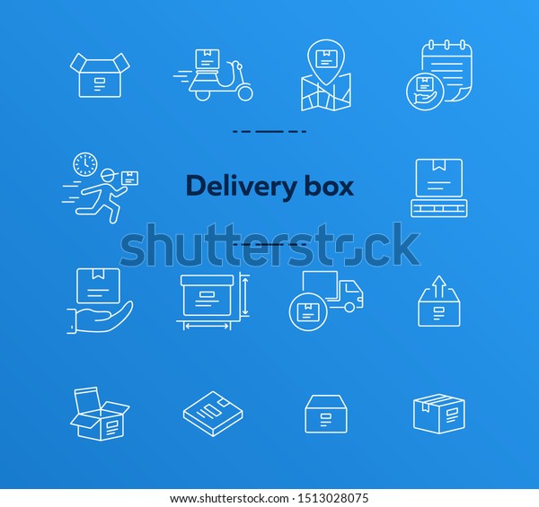 Delivery box\
icons. Set of line icons. Home delivery, scooter, open box.\
Delivery service concept. Vector illustration can be used for\
topics like logistics, shipment,\
shipping