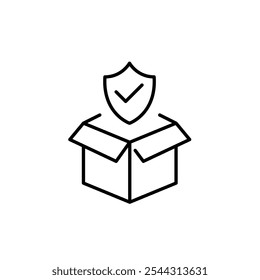 Caja de entrega y escudo de seguro con marca de verificación. Envío asegurado y seguro. Icono de Vector perfecto de píxeles