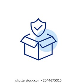 Caixa de entrega e escudo de seguro com marca de verificação. Transporte seguro. Pixel perfeito, ícone de traçado editável
